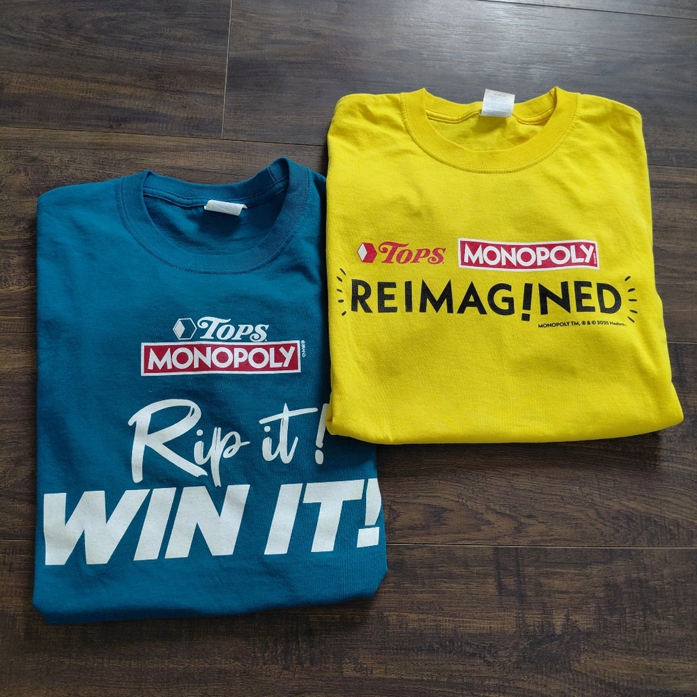Mr Monopoly Tops Supermarket T Shirt Lot of 2 - Both Size Large - 2 Sided